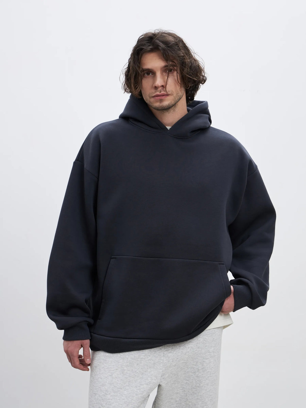 Drop-Shoulder Fleece Hoodie - Navy Blue