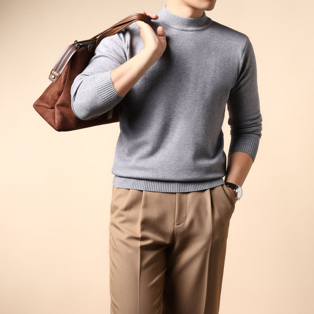 Textured Knit Crewneck Sweater - Light Gray