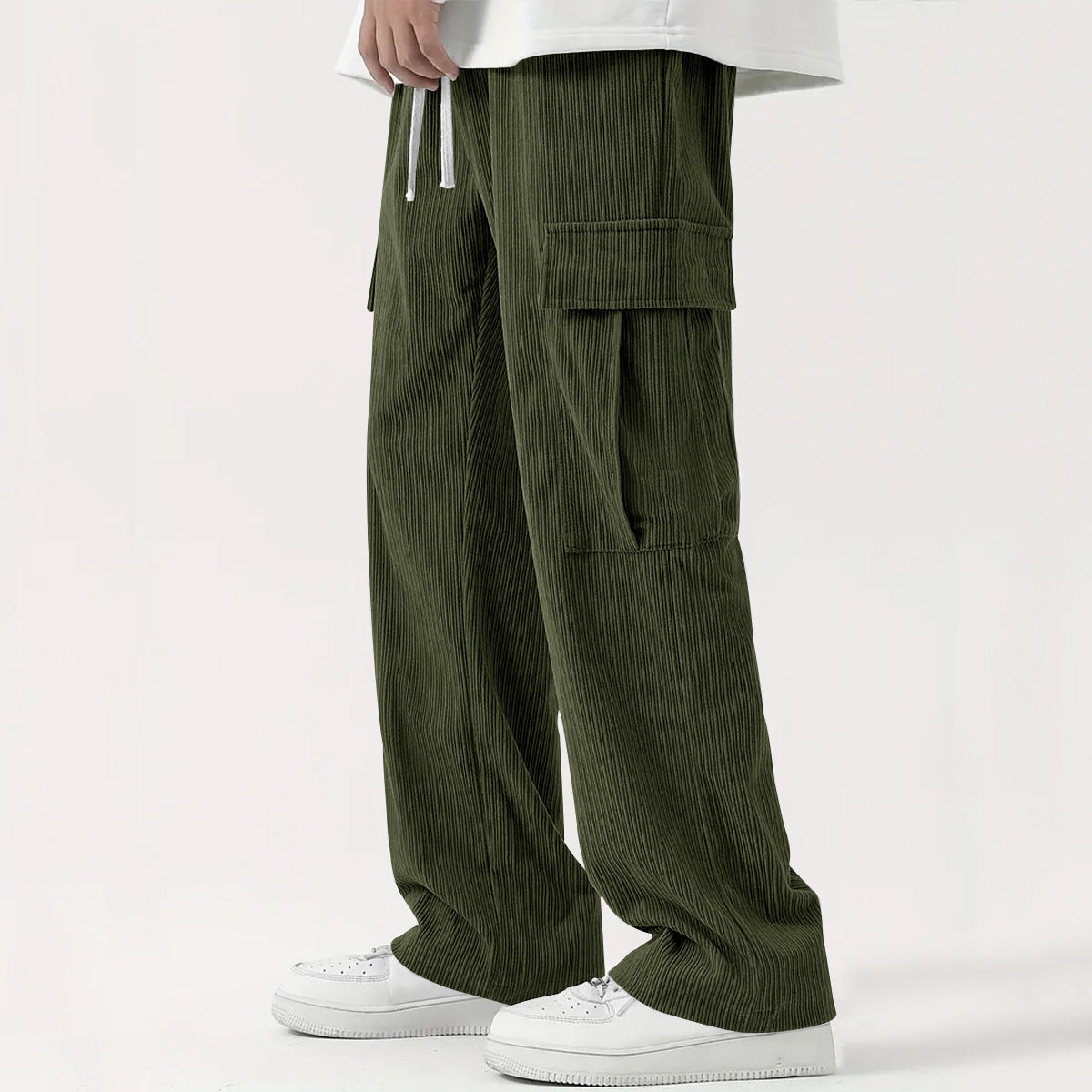 Corduroy Wide-Leg Cargo Pants - Army Green
