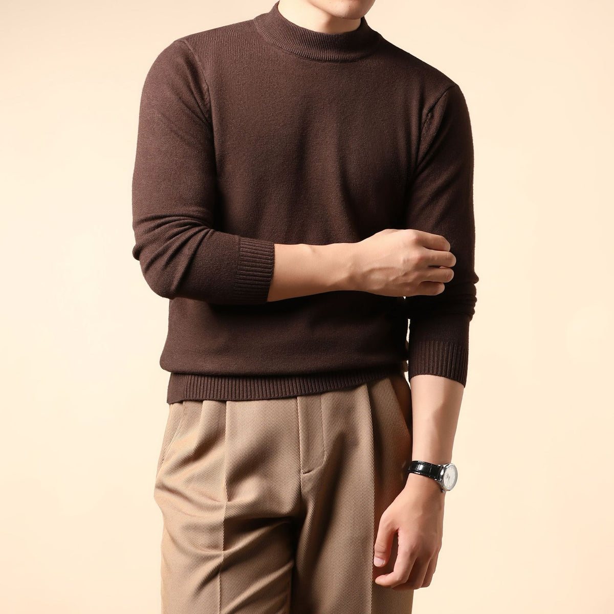 Textured Knit Crewneck Sweater - Dark Coffee