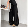 Piped Wide-Leg Drawstring Track Pants - Black
