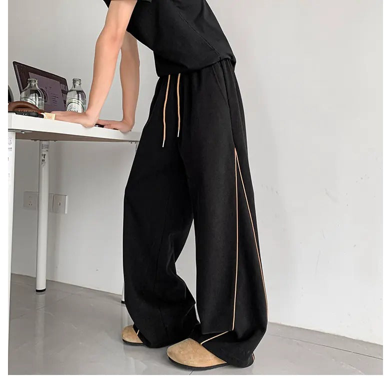 Piped Wide-Leg Drawstring Track Pants - Black