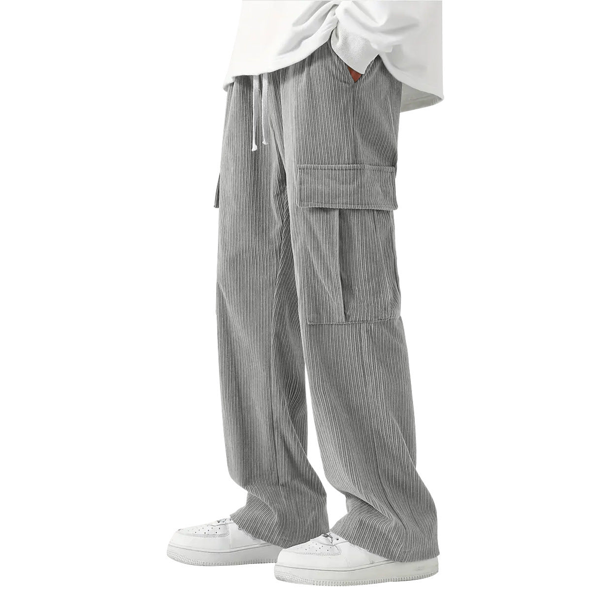 Corduroy Wide-Leg Cargo Pants - Light Gray