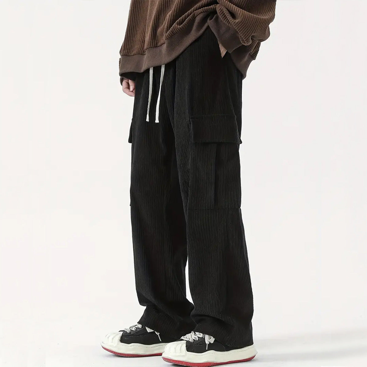 Corduroy Wide-Leg Cargo Pants - Black