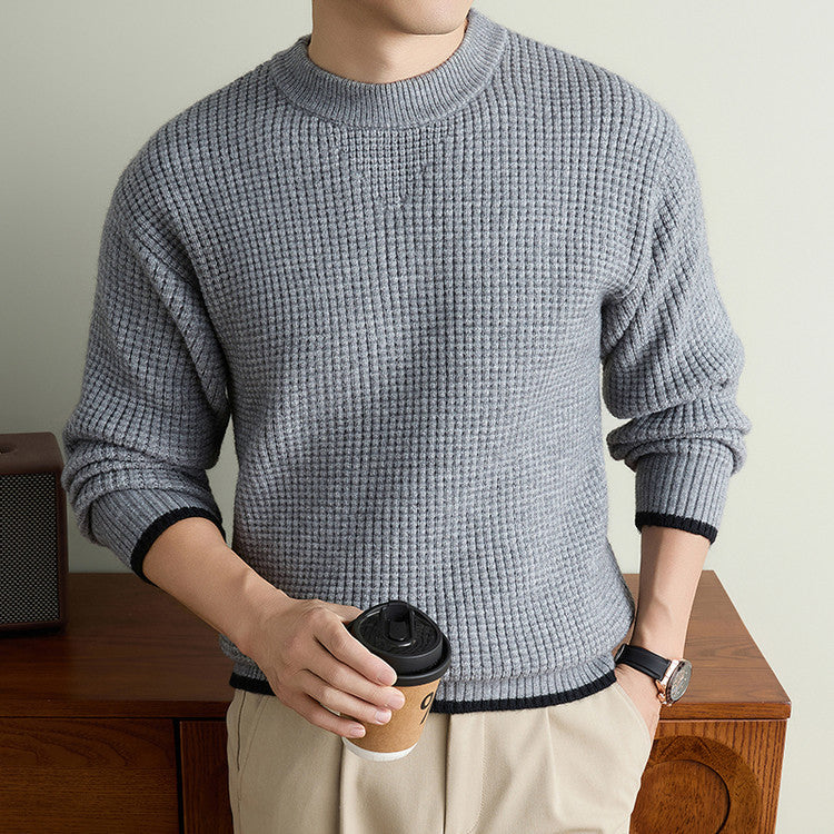 Chunky Waffle Knit Crewneck Sweater - Gray