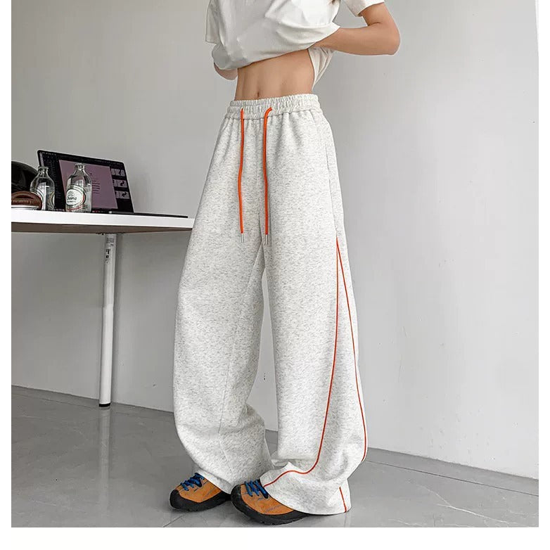 Piped Wide-Leg Drawstring Track Pants - Light Gray