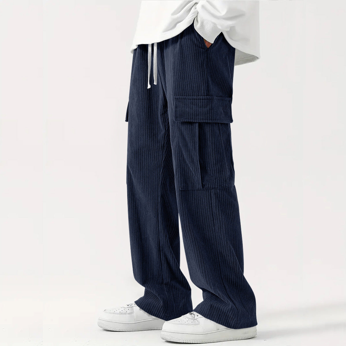 Corduroy Wide-Leg Cargo Pants - Navy Blue