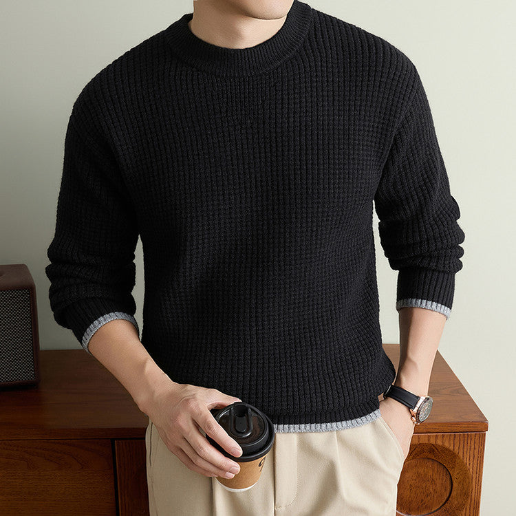 Chunky Waffle Knit Crewneck Sweater - Black