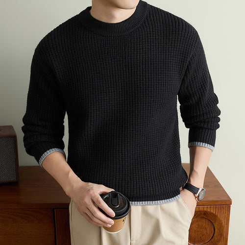 Chunky Waffle Knit Crewneck Sweater - Black