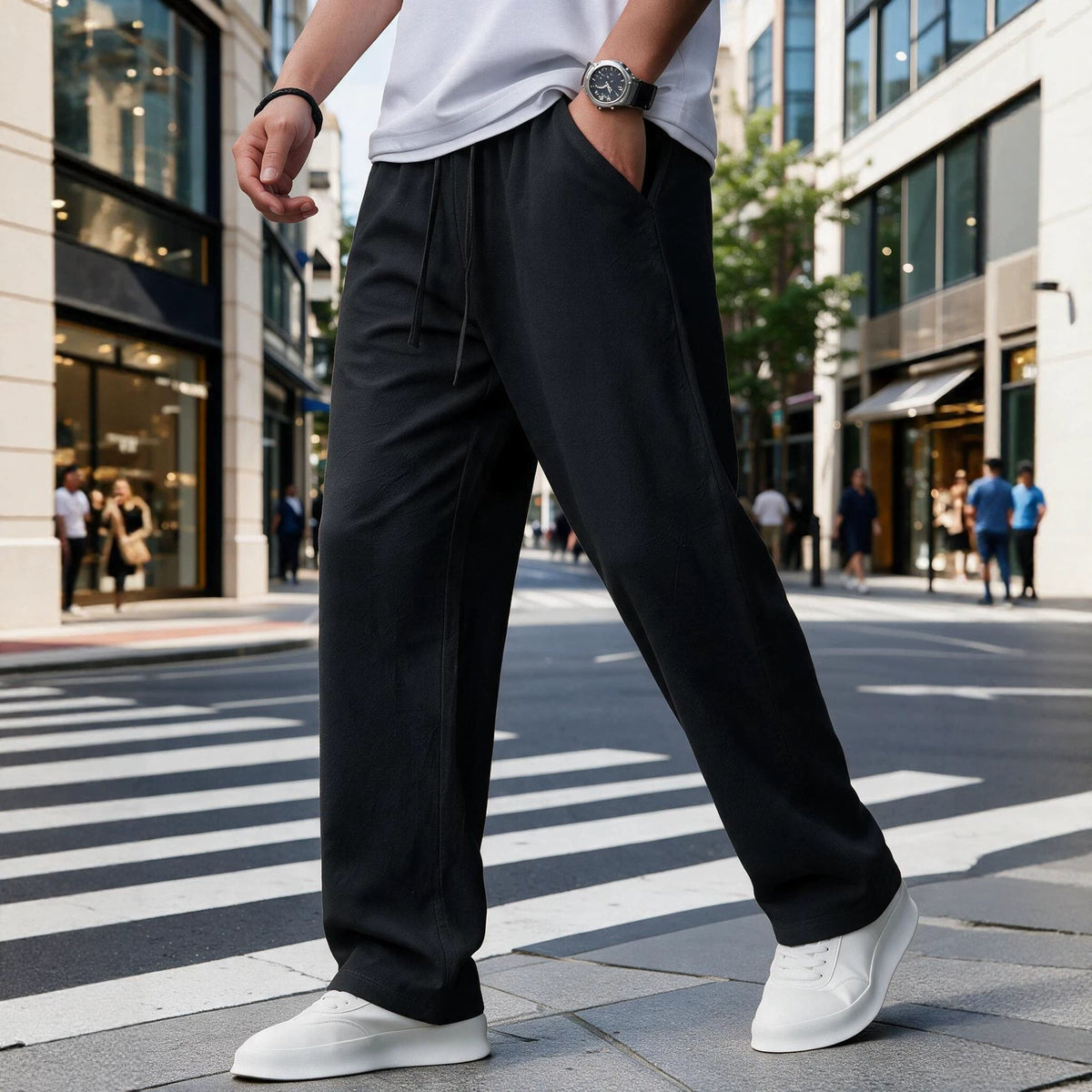 Breathable Straight-Leg Casual Trousers - Black