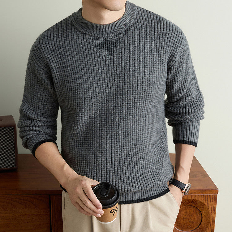 Chunky Waffle Knit Crewneck Sweater - Charcoal Gray
