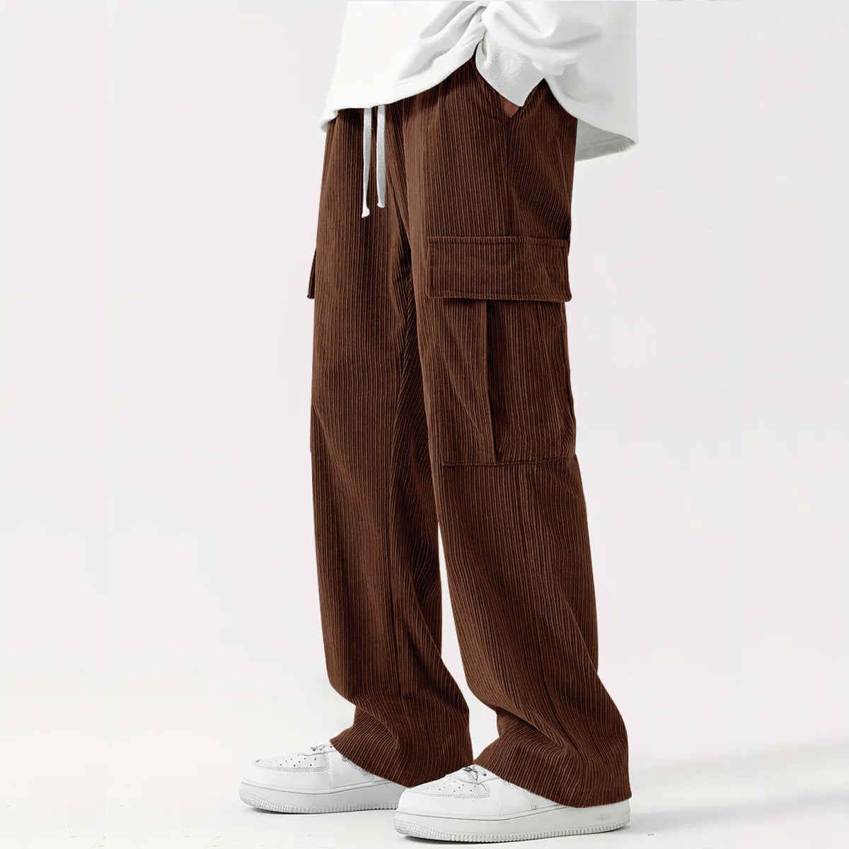 Corduroy Wide-Leg Cargo Pants - Brown