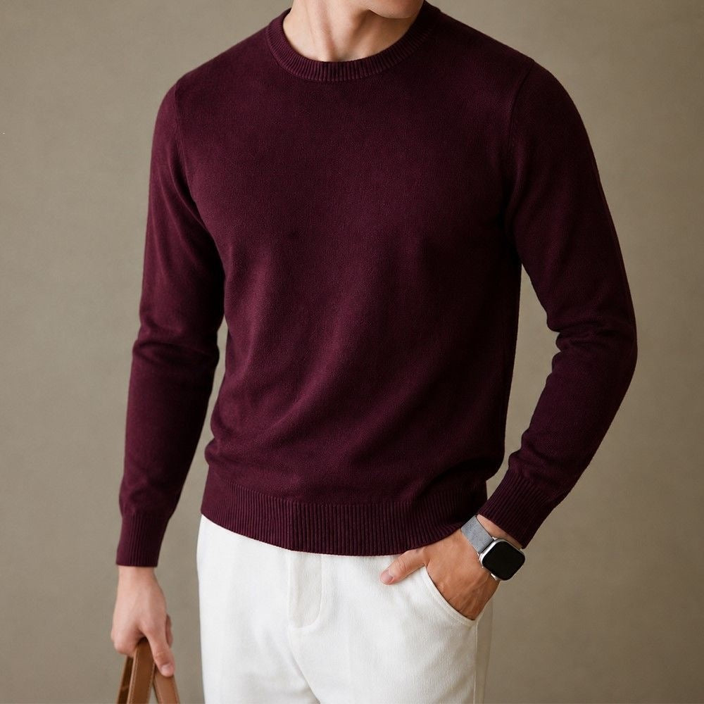 Textured Knit Crewneck Sweater - Wine Red
