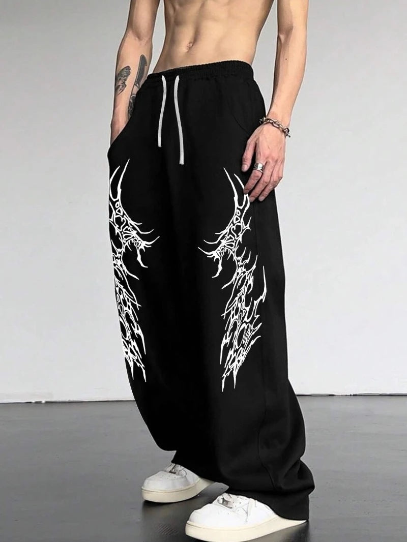 Gothic Print Wide-Leg Sweatpants - Black / Tribal